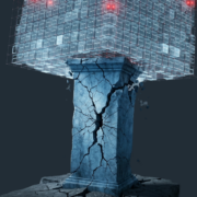 A conceptual 3D render illustrating a cracked and crumbling blue monumental stone pillar, symbolizing a compromised VMware ESXi hypervisor, struggling to support hundreds of precarious, glowing virtual machines and data signals balanced on its unstable foundation. The structure is tilting toward a dark abyss.