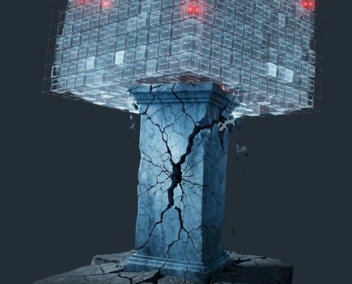 A conceptual 3D render illustrating a cracked and crumbling blue monumental stone pillar, symbolizing a compromised VMware ESXi hypervisor, struggling to support hundreds of precarious, glowing virtual machines and data signals balanced on its unstable foundation. The structure is tilting toward a dark abyss.
