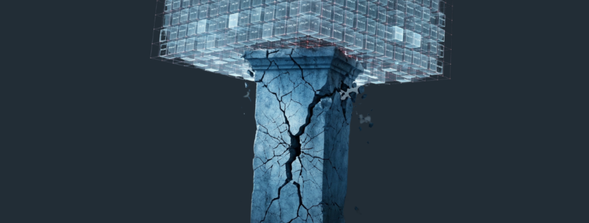A conceptual 3D render illustrating a cracked and crumbling blue monumental stone pillar, symbolizing a compromised VMware ESXi hypervisor, struggling to support hundreds of precarious, glowing virtual machines and data signals balanced on its unstable foundation. The structure is tilting toward a dark abyss.