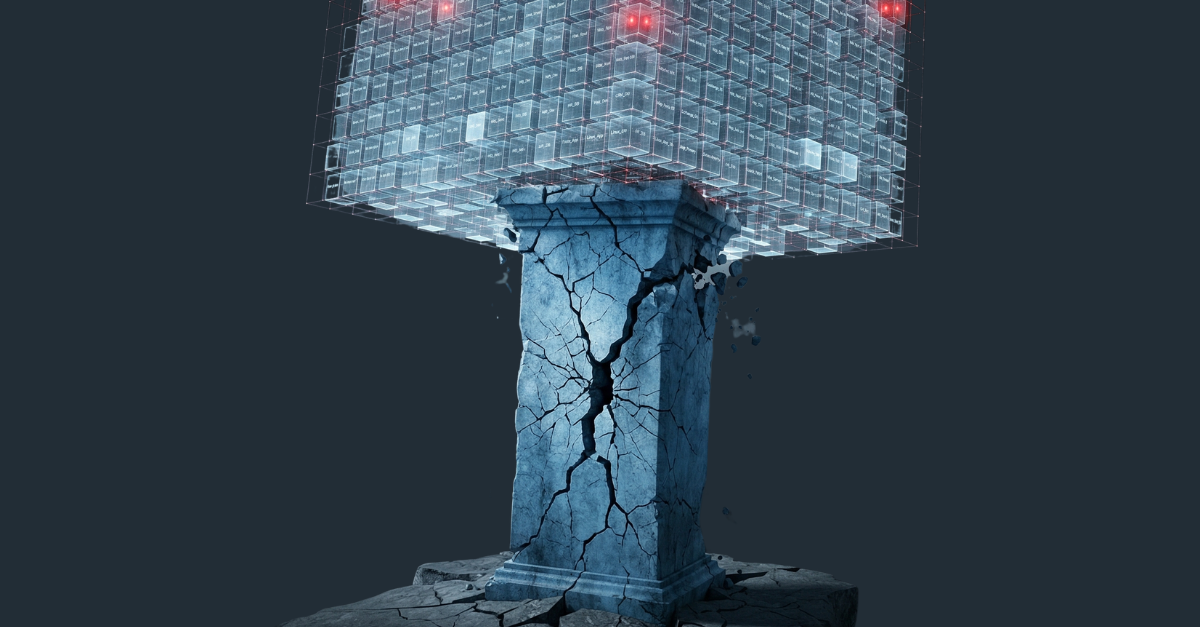 A conceptual 3D render illustrating a cracked and crumbling blue monumental stone pillar, symbolizing a compromised VMware ESXi hypervisor, struggling to support hundreds of precarious, glowing virtual machines and data signals balanced on its unstable foundation. The structure is tilting toward a dark abyss.